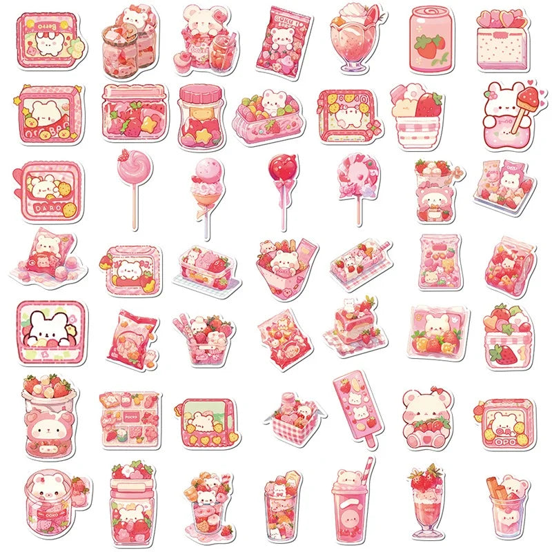 10/30/50PCS Cute Pink Food PVC Sticker Aesthetic Children's Decoration Scrapbooking Korean Stationery School Supplies for Kids (ONLINE ORDER ONLY)