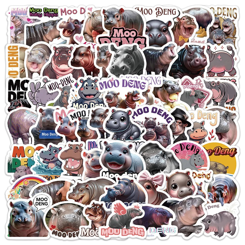 Moo Deng Hippo Cartoon Stickers for Phone Laptop Luggage Skateboard - 10/30/60PCS (Online Order Only)