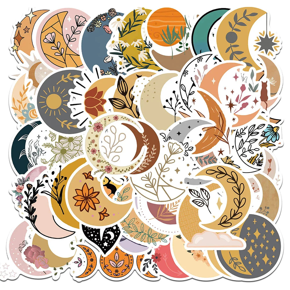 Bohemian Cartoon Flower Moon Stickers - 10/30/50pcs Aesthetic Decals for Laptop, Phone, Car, Scrapbook (Online Order Only)