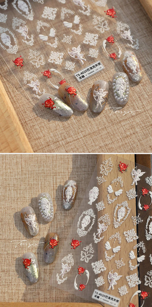 Baroque Angel Archery Wing Butterfly Retro Totem European Border Rose Flower Lace Chic Adhesive Nail Art Sticker Manicure Decals (ONLINE ORDER ONLY)