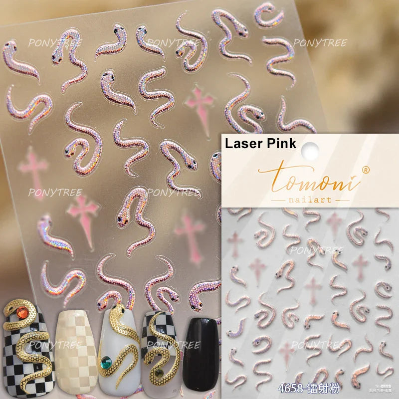 Chic Purple Serpent Flower Winding Snake Elements Shiny Dreamy Animals Self Adhesive Nail Art Sticker Embossment Manicure Decals (ONLINE ORDER ONLY)