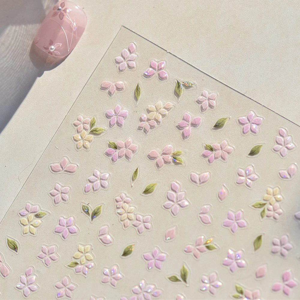 Pink Cherry Blossoms Peach Flower Petal Green Leaf Greenery 5D Embossed Relief Self Adhesive Nail Art Sticker 3D Manicure Decals (ONLINE ORDER ONLY)