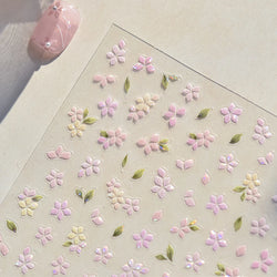 Pink Cherry Blossoms Peach Flower Petal Green Leaf Greenery 5D Embossed Relief Self Adhesive Nail Art Sticker 3D Manicure Decals (ONLINE ORDER ONLY)