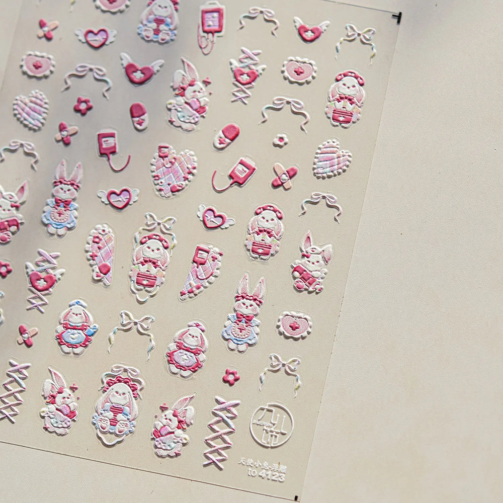 Bunny Love Heart Rabbit Nurse Cut Wound Bowknot Pill Flower Medicine Treatment Self Adhesive Nail Art Stickers Manicure Decals (ONLINE ORDER ONLY)