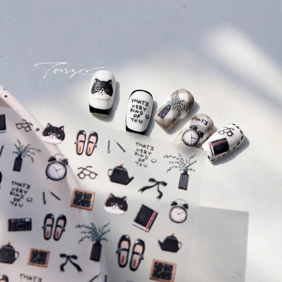 Black Cat Kitten Glasses Camera Timepiece Shoe Notebook Vase Pen Teapot Bowknot Item Adhesive Nail Art Stickers Manicure Decals (Online Order Only)