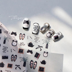 Black Cat Kitten Glasses Camera Timepiece Shoe Notebook Vase Pen Teapot Bowknot Item Adhesive Nail Art Stickers Manicure Decals (Online Order Only)