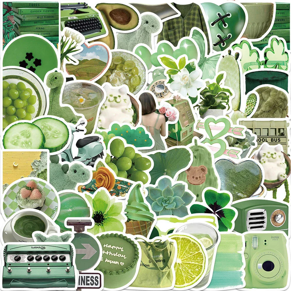 Green Cartoon Stickers 10/30/60pcs Aesthetic Cute PVC Waterproof Decals for Phone Guitar Notebook Car Kids (Online Order Only)