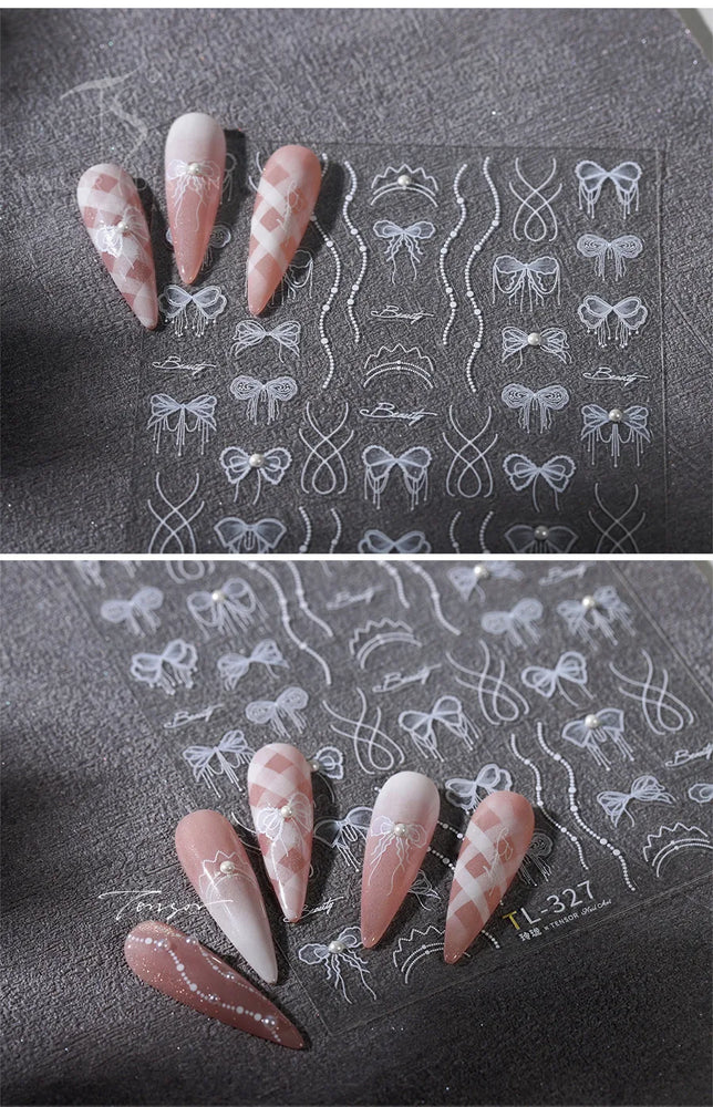 White Pearl Various Bowknot Line Tassel Tender Ribbon Arc Charming Self Adhesive Nail Art Decorations Stickers Manicure Decals (ONLINE ORDER ONLY)