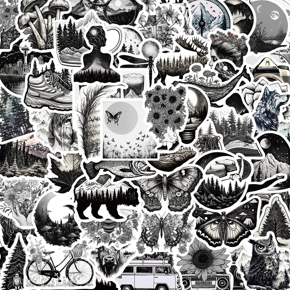 INS Style Black White Cartoon Stickers Decals for Laptop, Skateboard, Motorcycle, Phone - Waterproof, 10/30/60pcs (ONLINE ORDER ONLY)