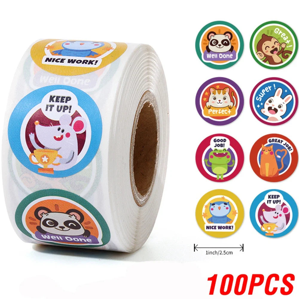 100-500 Pcs 1inch/2.5cm Animal Good Job Cool Stickers Roll for Envelope Praise Reward Student Work Label Stationery Seal Lable (ONLINE ORDER ONLY)