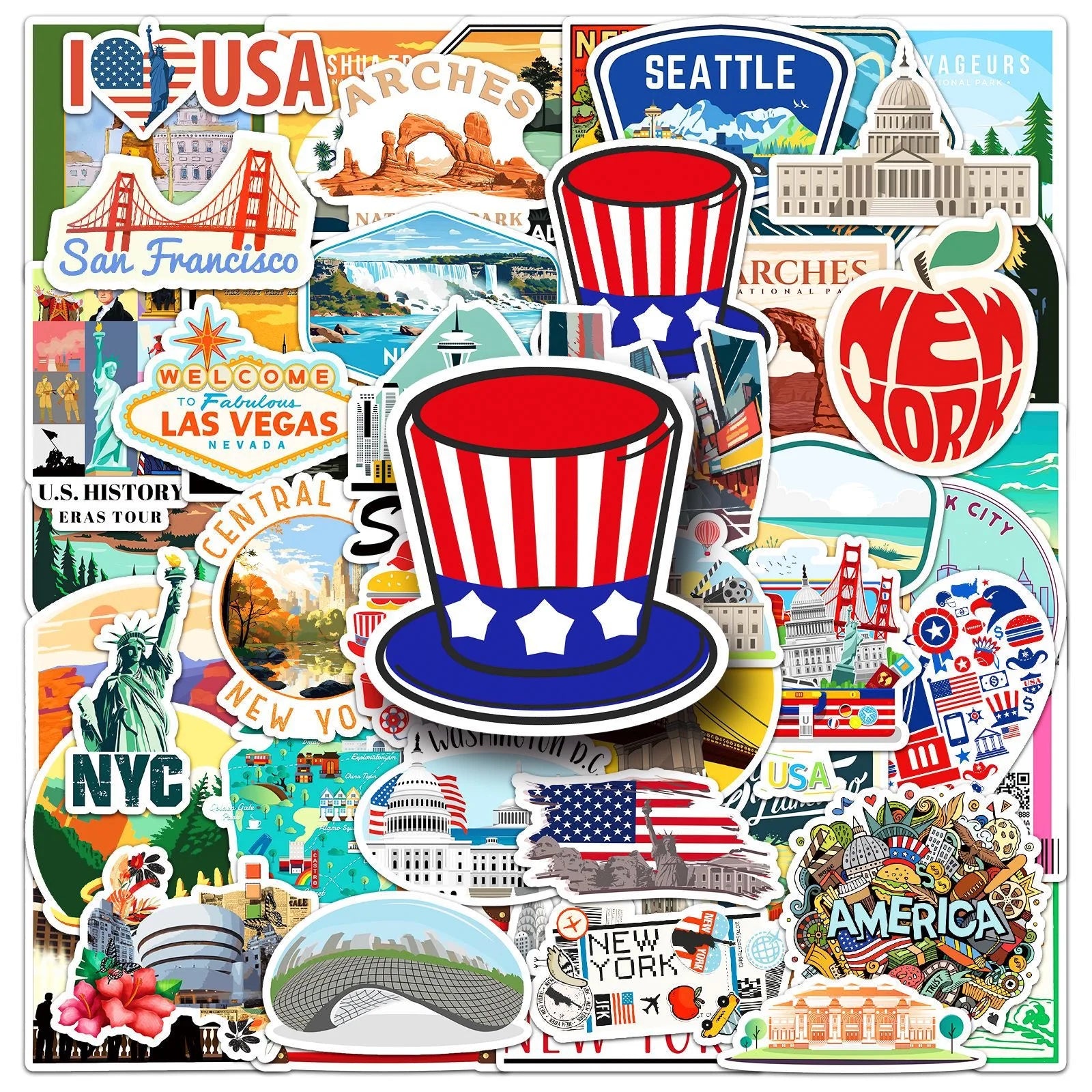 10/50Pcs USA American New York City Travel Stickers Aesthetic Landmark Decals DIY Luggage Phone Motorcycle Car Bike Sticker Toy (Online Order Only)