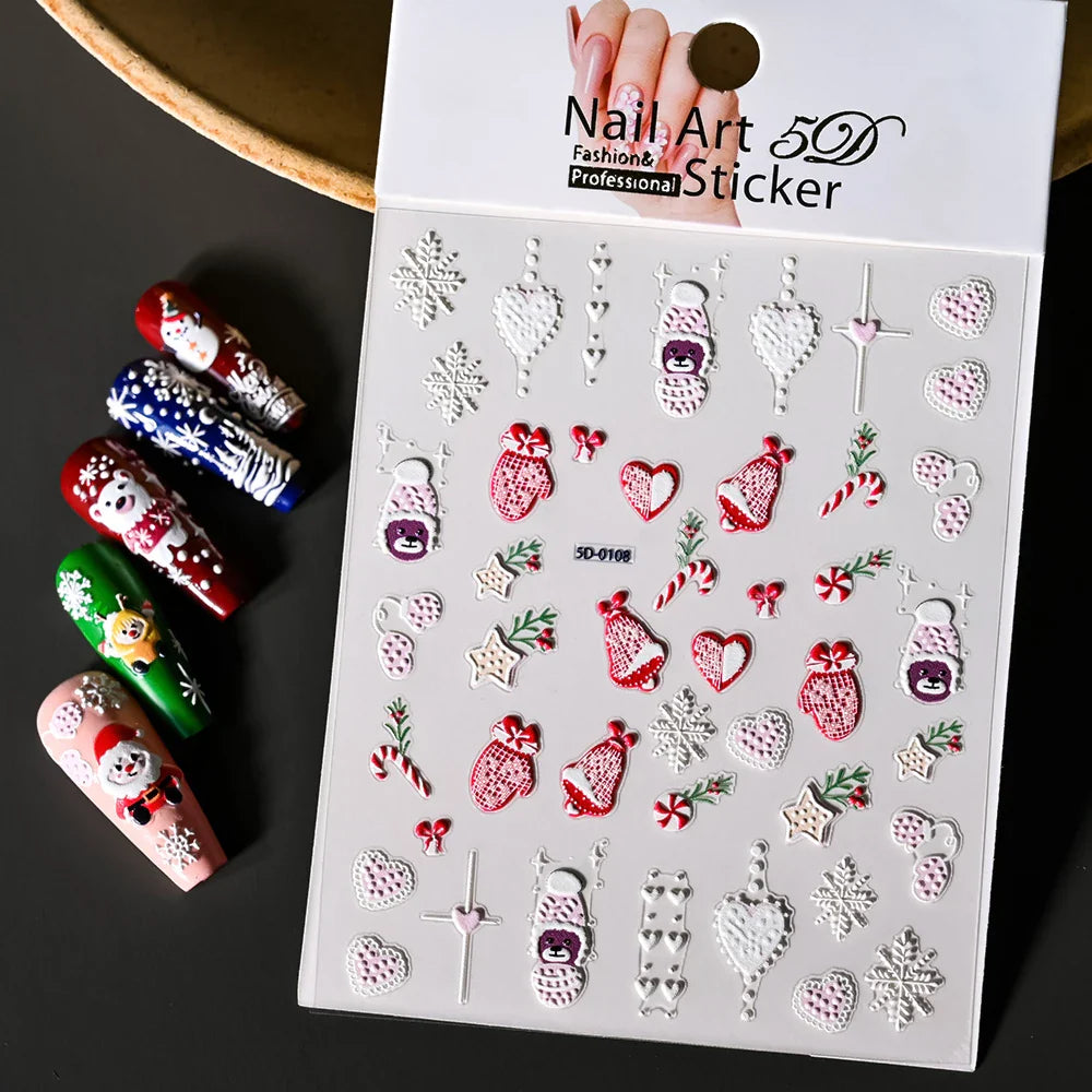 Cute Deer Christmas Nail Stickers 5D Embossed Elk Star Gingerbread Man Snowflake Santa Claus Holly DIY Winter Engraved Manicure* (ONLINE ORDER ONLY)