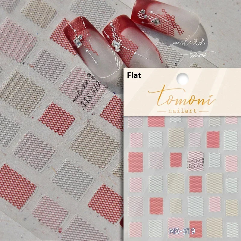 French Style Colorful Square Grid Rhombus Stripe Bowknot Line 3D Self Adhesive Nail Art Stickers Shiny Rhinestone Manicure Decal (Online Order Only)