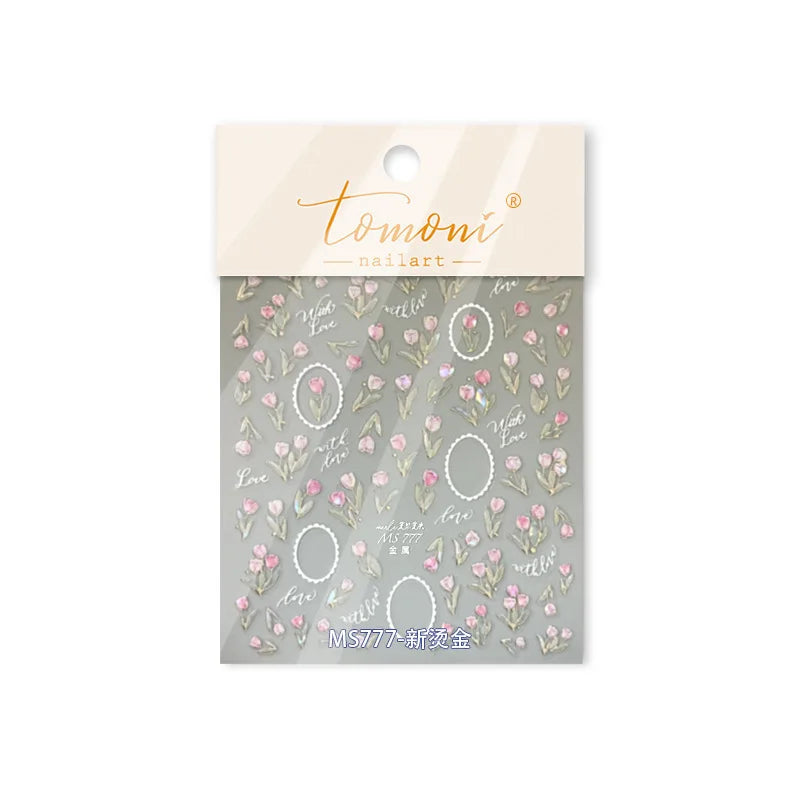 Retro Border Colourful Pink Purple Tulip Flower Bouquet Garden Fragrant 5D Soft Relief Adhesive Nail Art Sticker Manicure Decals (ONLINE ORDER ONLY)