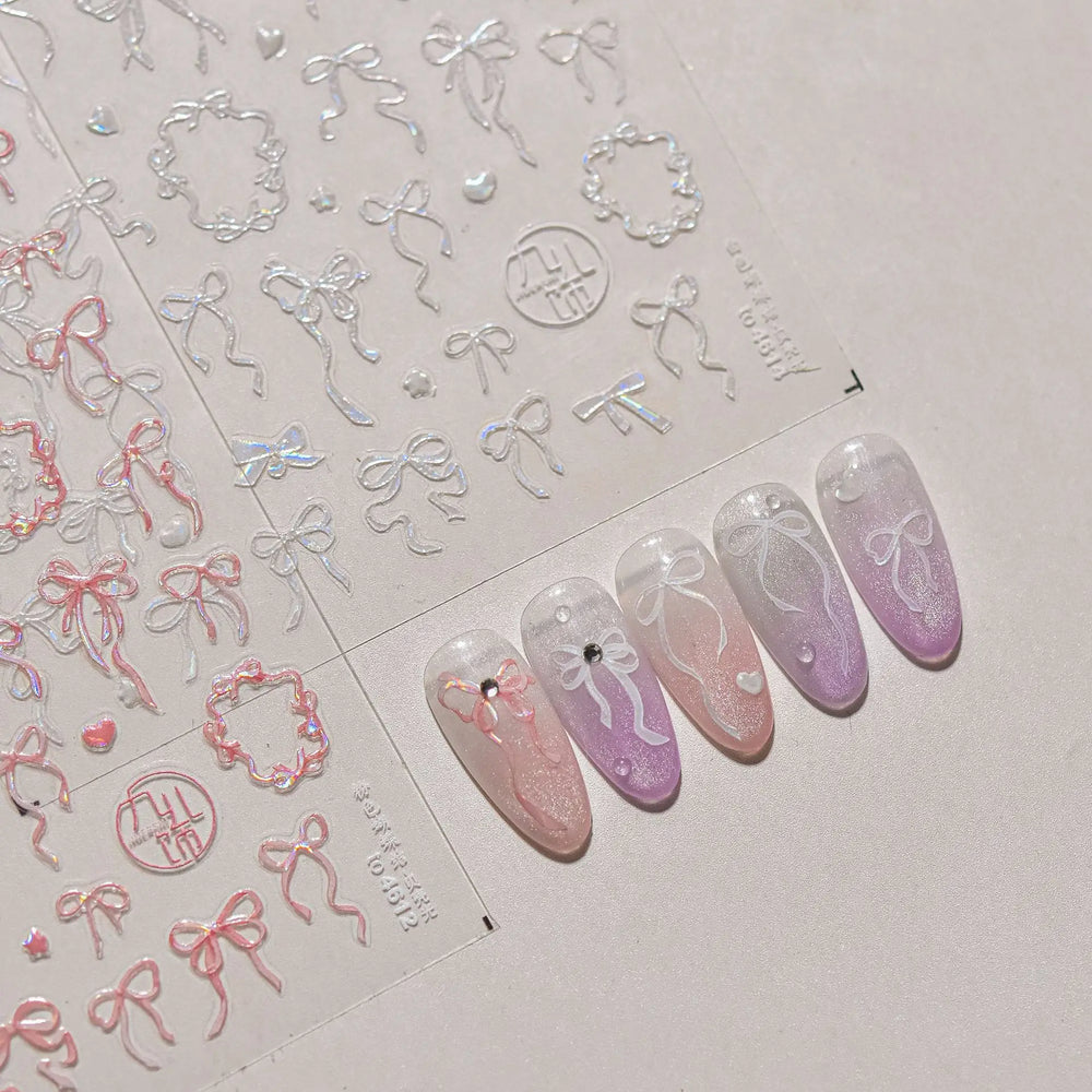 Shiny White Black Pink Bowknot Silk Ribbon Love Heart Charming Star Refined Lace Self Adhesive Nail Art Stickers Manicure Decals (ONLINE ORDER ONLY)