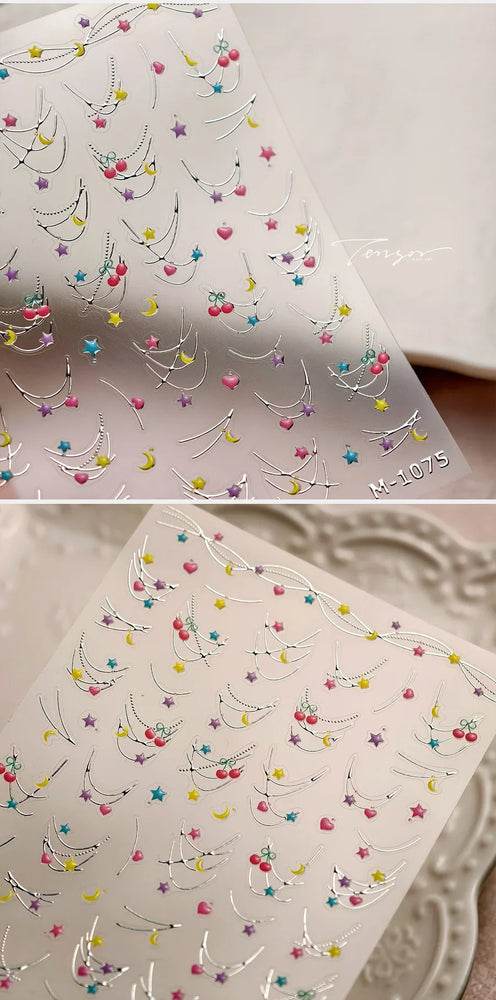 Chic Colourful Star Moon Curved Line Arc Necklace Love Heart Hanging in The Air Cherry Adhesive Nail Art Stickers Manicure Decal (Online Order Only)