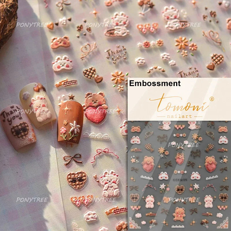 Cute Animals Bear Dog Cake Sweet Cherry Grid Bowknot Star Line Fruit Relief Self Adhesive Nail Art Stickers 3D Manicure Decals (ONLINE ORDER ONLY)