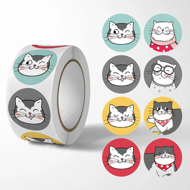 100-500pcs Cartoon Cat Stickers Round Adhesive Labels For Student Teacher Prize Business Gift Wraps Decorative Stickers (ONLINE ORDER ONLY)