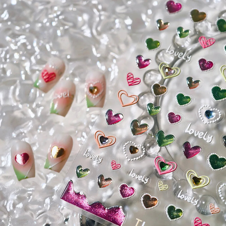 Lovely Love Heart Graffiti Crystal Geometric Cat's Eye Macaron Color Hollow Out Self Adhesive Nail Art StickersManicure Decals (ONLINE ORDER ONLY)