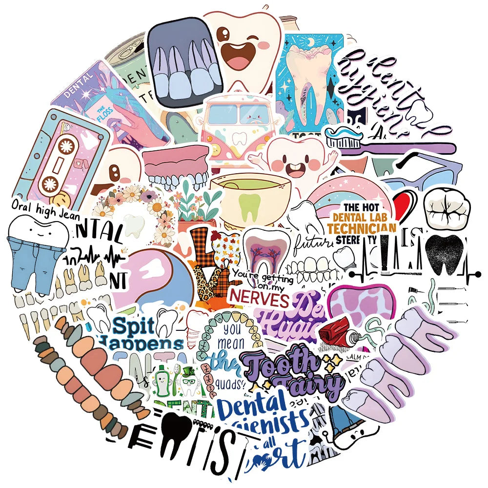 Cartoon Tooth Dental Stickers 10/30/50Pcs for Laptop Snowboard Car Fridge DIY Vinyl (ONLINE ORDER ONLY)