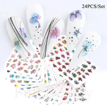 24pcs / Set Spring Summer nail Sticker Water Decal Nail Art Ink Flowers Leaves Graffiti Slider for Nail Decoration Foils Tattoo (ONLINE ORDER ONLY)