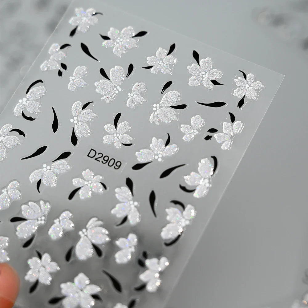 1pcs 5D Floral Nail Art Stickers Acrylic Flowers Decals with Glitter Self-Adhesive Elegant Silver Black Blossoms Theme Nail Art* (ONLINE ORDER ONLY)