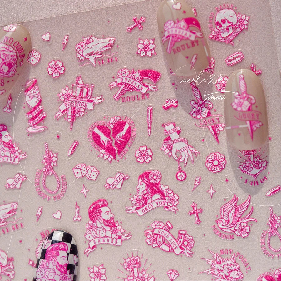 Retro Black Line Skull Man Woman 5D Embossed Relief Self Adhesive Nail Art Sticker Bear Bunny Hand Bird Horror 3D Manicure Decal (Online Order Only)