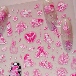 Retro Black Line Skull Man Woman 5D Embossed Relief Self Adhesive Nail Art Sticker Bear Bunny Hand Bird Horror 3D Manicure Decal (Online Order Only)