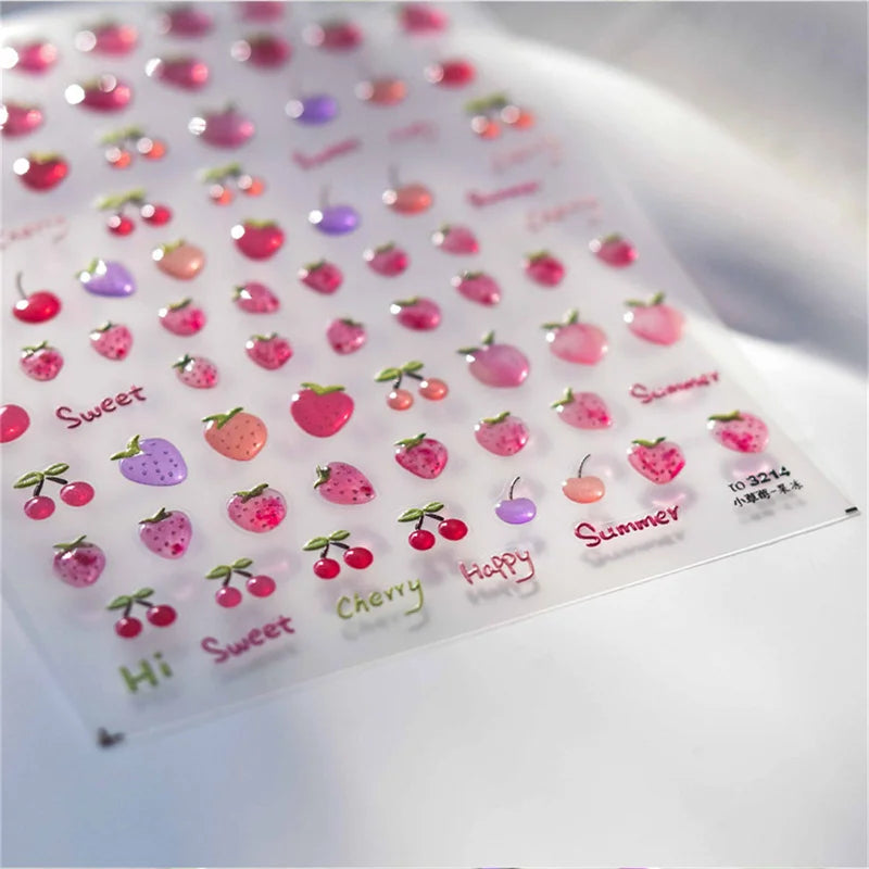 5D Pink Strawberry Cherry Nail Art Stickers Kawaii Fruit Decals DIY (ONLINE ORDER ONLY)