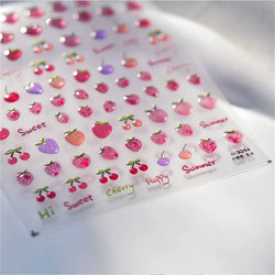 5D Pink Strawberry Cherry Nail Art Stickers Kawaii Fruit Decals DIY (ONLINE ORDER ONLY)