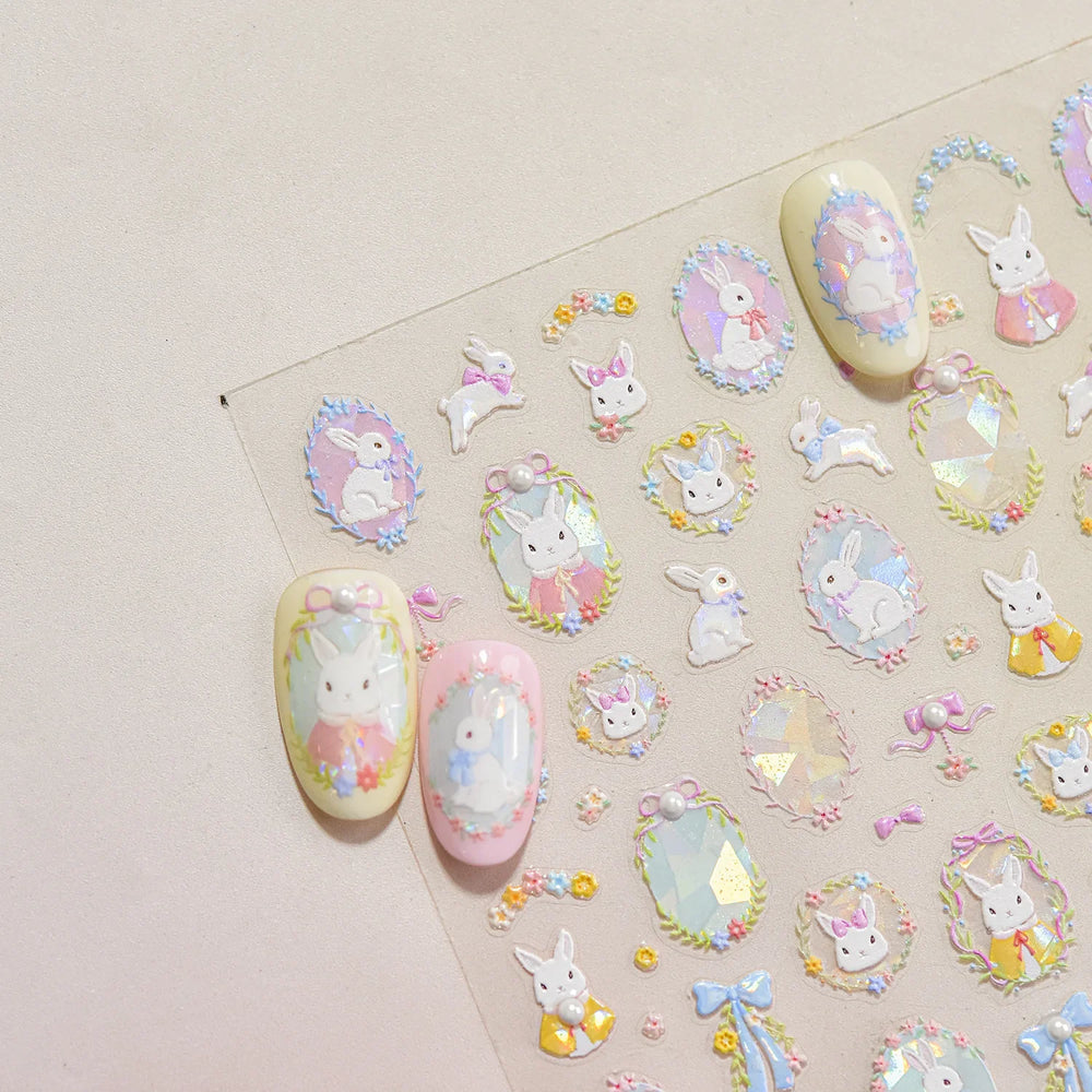 Flower Garland Lovely Bunny Rabbit Floral Wreath Bowknot Frame Spring Charm Heart 5D Adhesive Nail Art Stickers Manicure Decals (ONLINE ORDER ONLY)