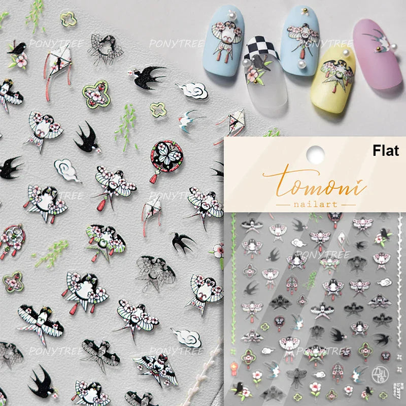 Romantic Pink Peach Blossom Tower Circular Fan Hollowed Window Tassel Pendant Antique Tree Chic Nail Art Stickers Manicure Decal (ONLINE ORDER ONLY)