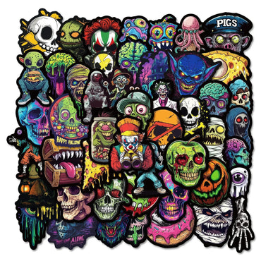 10/50Pcs Cool Halloween Pop Horror Skull Zombie Stickers Skateboard Fridge Guitar Laptop Motorcycle Travel Graffiti Sticker Toy (ONLINE ORDER ONLY)