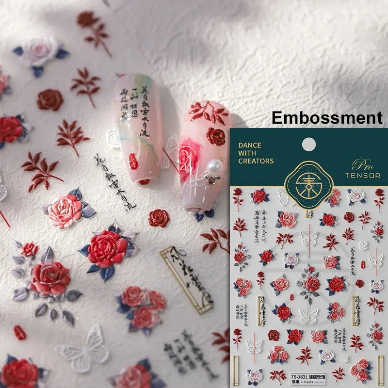 Red Azalea Rose Peony Crane Warbler Bird Fish Lily Chicken Rabbit Lobster Flower Retro Chinese Nail Art Sticker Decoration Decal (Online Order Only)