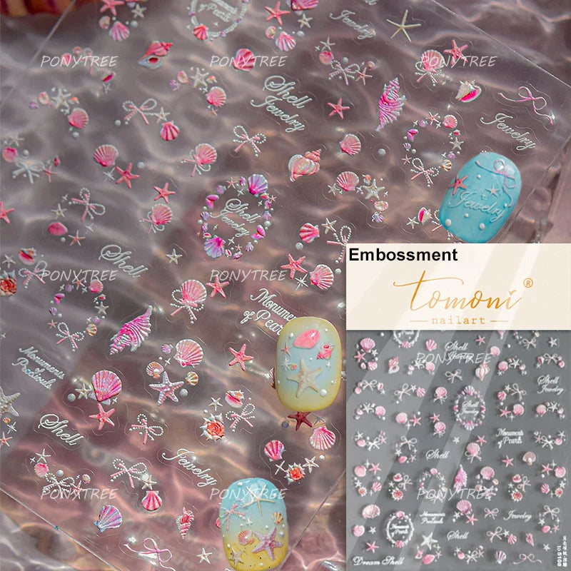 Colourful Ray Jellyfish Otter Cat Mermaid Octopus Starfish Bubbles Conch Shell Bowknot Summer Marine Nail Art Stickers Decals (ONLINE ORDER ONLY)
