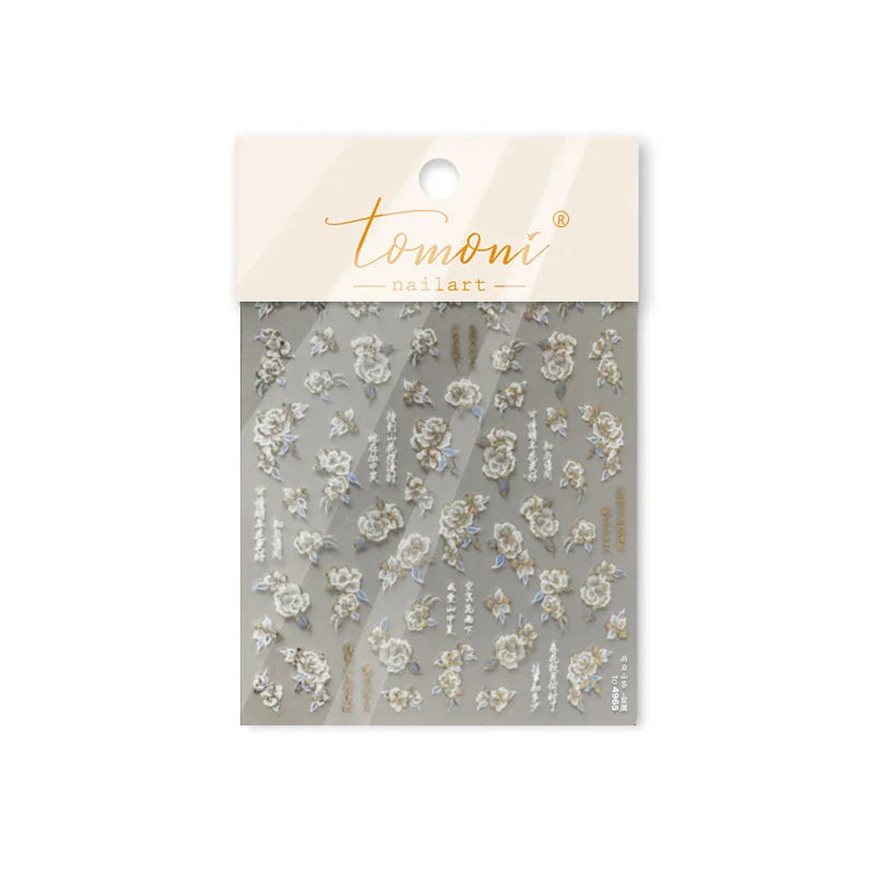 Camellia Tea After Rain Fragrant Flower Paint in Gold White Antique Chinese Characters Adhesive Nail Art Stickers Manicure Decal (ONLINE ORDER ONLY)
