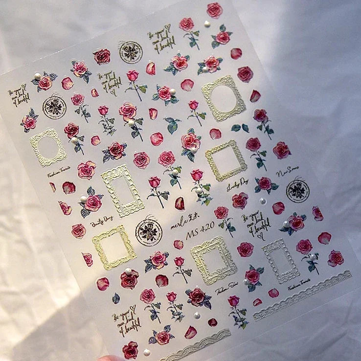 Chic Retro Rose Photo Frame Dried Flower Petal Self Adhesive Nail Art Stickers 5D Hot Stamping Relief Rhinestone Manicure Decals (Online Order Only)