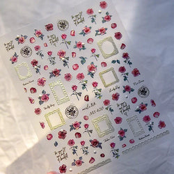 Chic Retro Rose Photo Frame Dried Flower Petal Self Adhesive Nail Art Stickers 5D Hot Stamping Relief Rhinestone Manicure Decals (Online Order Only)