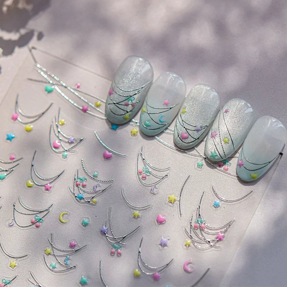 Colourful Star Moon Curved Line Arc Necklace Love Heart Hanging in The Air Starry Night Adhesive Nail Art Sticker Manicure Decal (Online Order Only)
