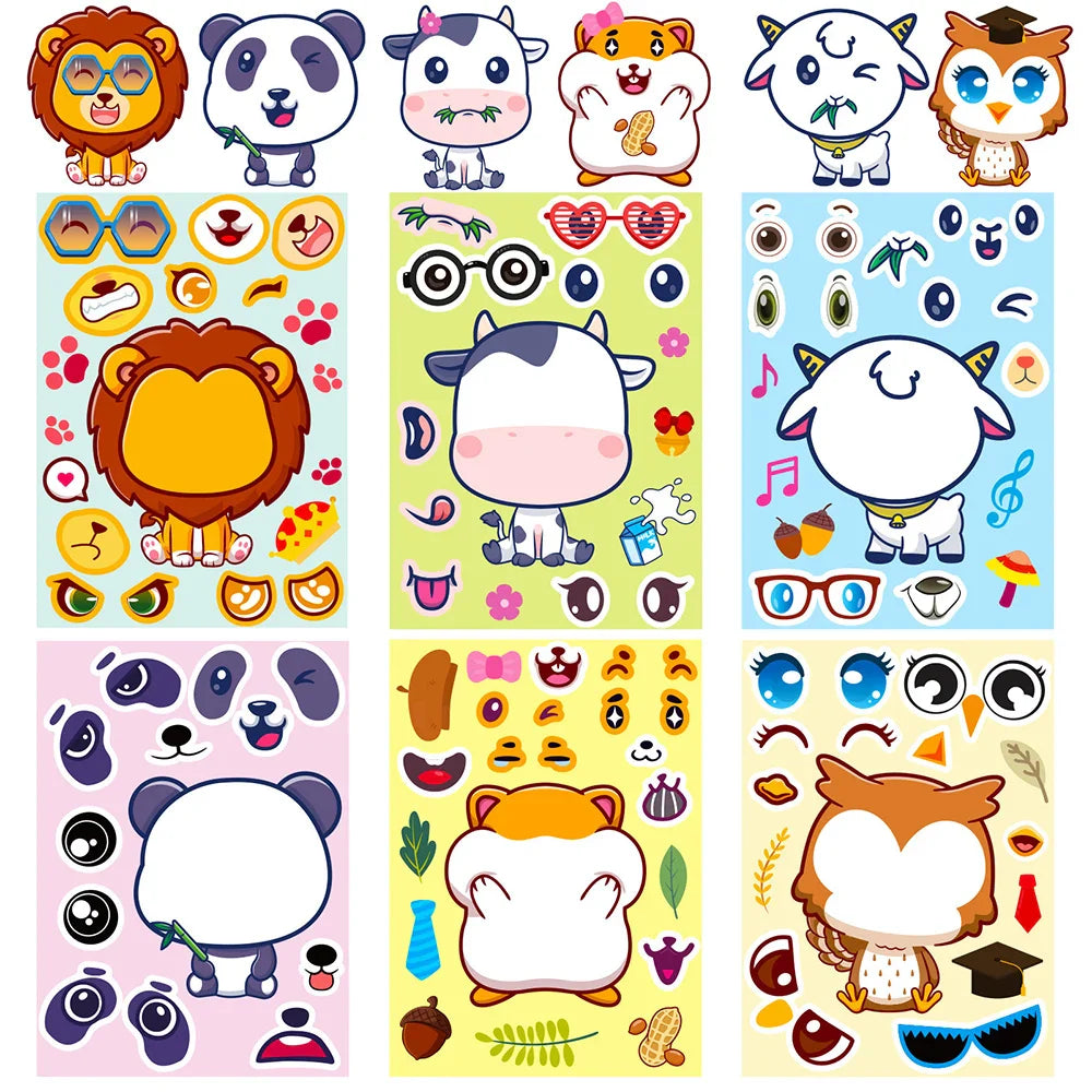 6/12Sheets Animal Make A Face Puzzle Stickers Kids Lion Owl Panda Make Your Own DIY Game Children Cartoon Jigsaw Education Toys (ONLINE ORDER ONLY)
