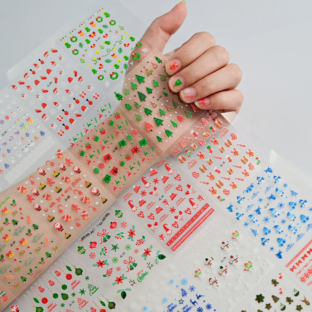 30Sheet 3D Glitter Christmas Nail Art Stickers Santa Claus Snowflake Elk Christmas Tree Design Nail Decals Cartoon Nail Supplies (Online Order Only)