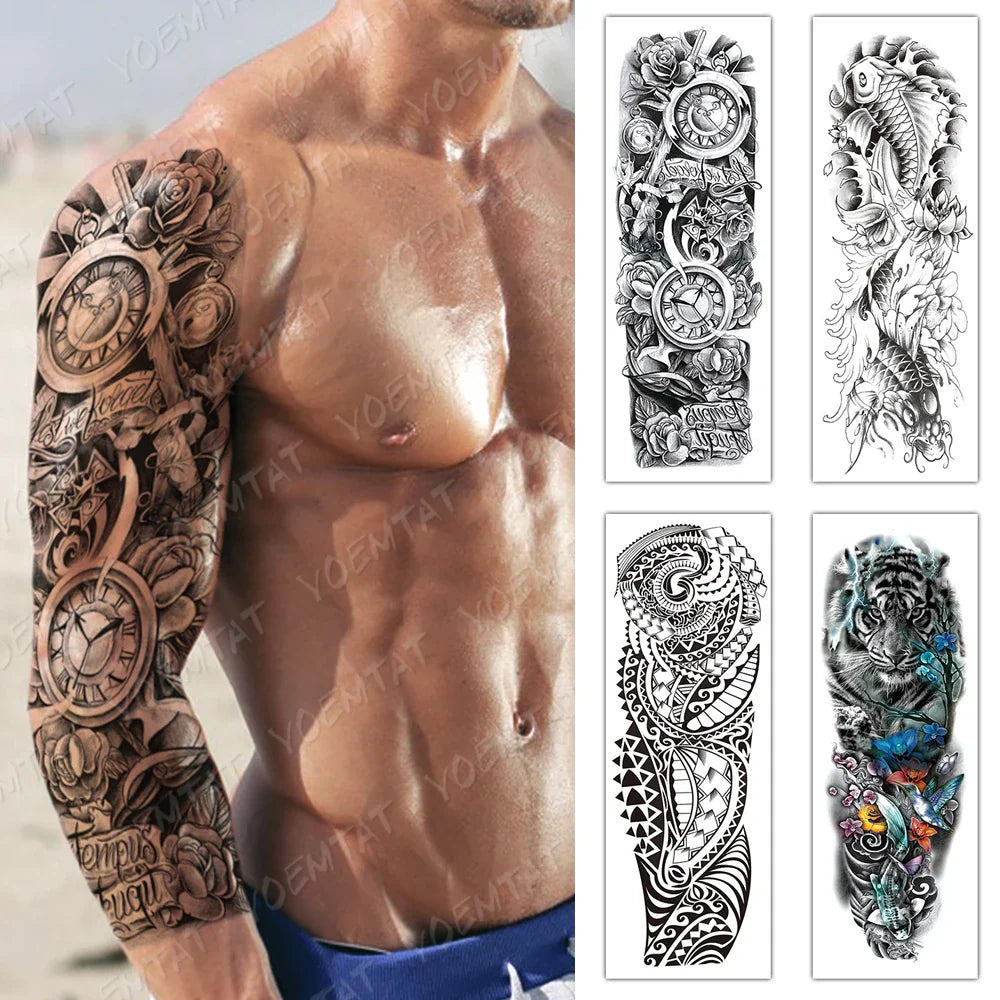 Large Full Arm Sleeve Waterproof Temporary Tattoo Sticker Clock Rose Flower Gothic Text Carp Totem Fake Tatoo Body Art Men Women (ONLINE ORDER ONLY)