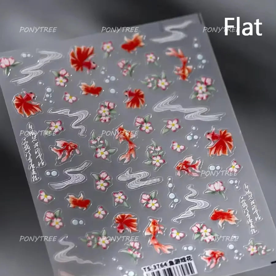 Pink Lotus Flower Red Gold Koi Carp Fish Tail Fancy Carp Self Adhesive Nail Art Decorations Stickers Manicure Decals Wholesale (ONLINE ORDER ONLY)