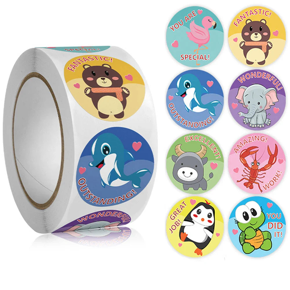 100-500pcs Round Cartoon Toys Animal stickers for kids Teacher Reward Encourage Sticker Office Stationery for children (Online Order Only)