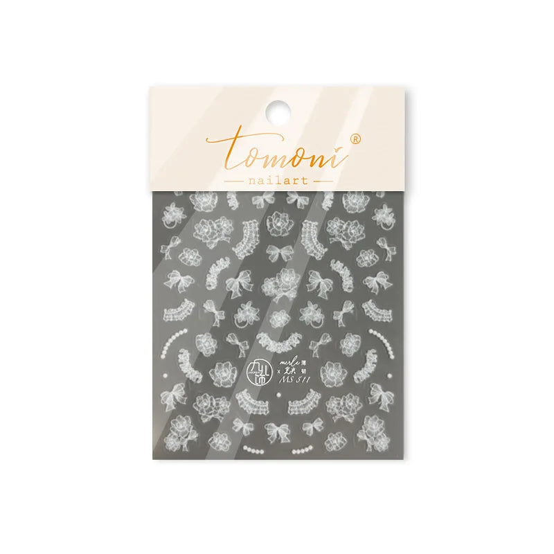 Cute 3D White Rose Flower Lace Bud Silk Bowknot Butterfly Dreamy Shiny Relief Chic Self Adhesive Nail Art Sticker Manicure Decal (ONLINE ORDER ONLY)