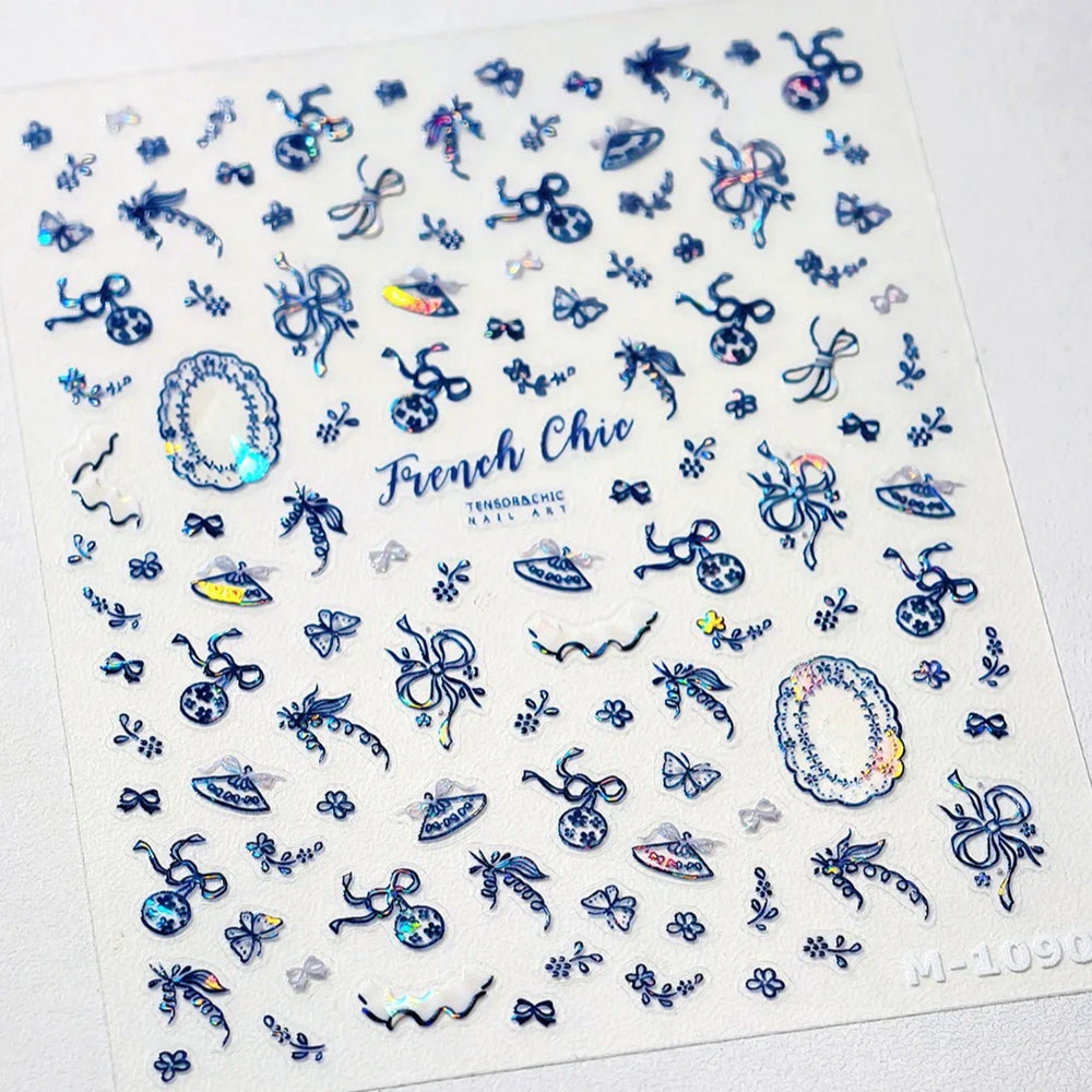 French Chic Blue Line Bowknot Fan Flower Leaves Butterfly Lace Frame Bell Shiny Self Adhesive Nail Art Stickers Manicure Decals (ONLINE ORDER ONLY)