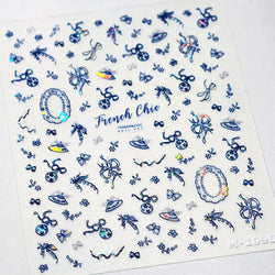 French Chic Blue Line Bowknot Fan Flower Leaves Butterfly Lace Frame Bell Shiny Self Adhesive Nail Art Stickers Manicure Decals (ONLINE ORDER ONLY)