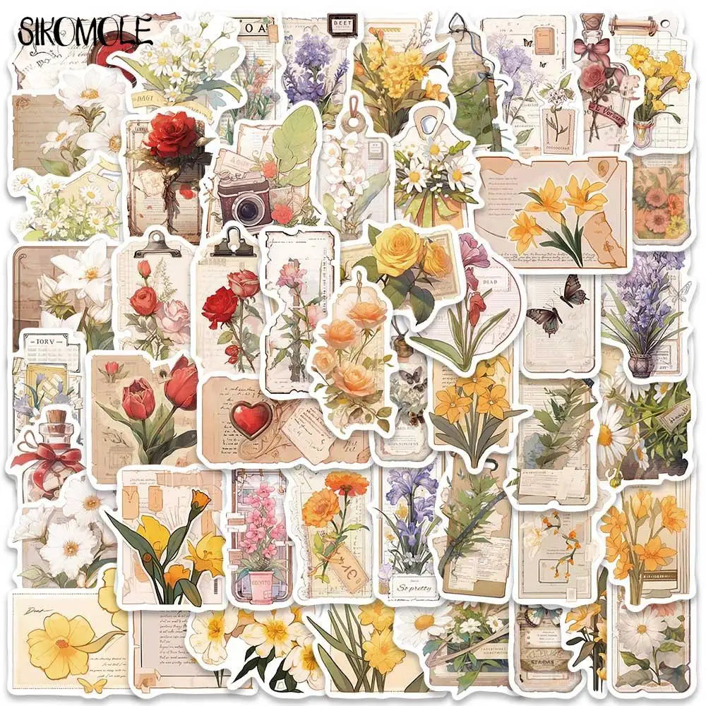 Vintage Flower Postcard Stickers - 10/30/50PCS Kawaii DIY Decals for Luggage, Guitar, Fridge, Laptop (Online Order Only)