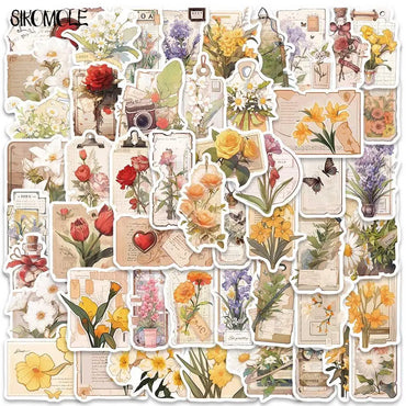 Vintage Flower Postcard Stickers - 10/30/50PCS Kawaii DIY Decals for Luggage, Guitar, Fridge, Laptop (Online Order Only)