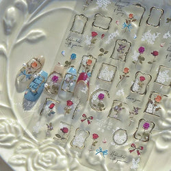 Chic Retro Rose Photo Frame Dried Flower Petal Self Adhesive Nail Art Stickers 5D Hot Stamping Relief Rhinestone Manicure Decals (Online Order Only)